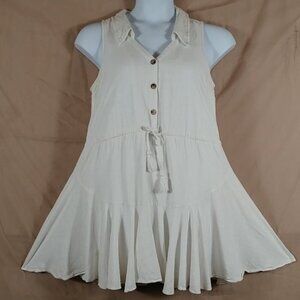 Aakaa Dress Women's White Linen Rayon Blend Tasseled Flared Hem Size L